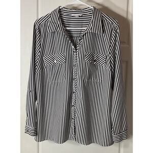 Notations Black & White Stripe collared Button Front Roll Tab Sleeve Pockets L